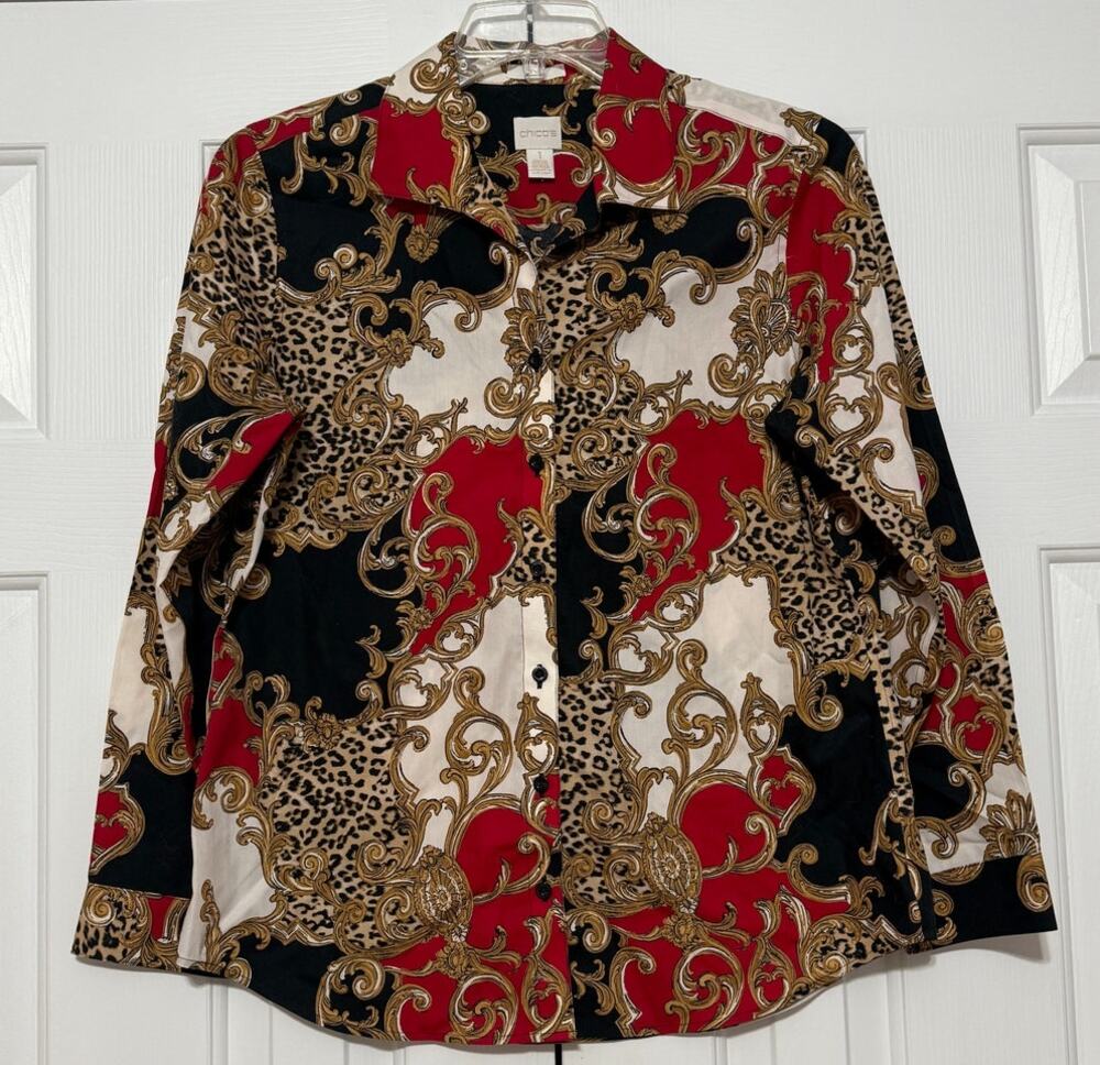 Chico's No-Iron Baroque & Leopard Print Blouse, Size 1